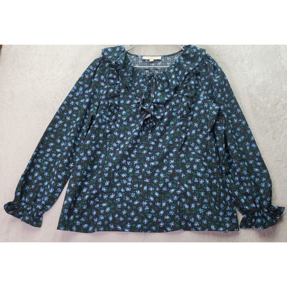 Loft Blouse Women's Large Multi Floral Ruffle Trim Round Neck Keyhole Drawstring - Picture 1 of 9